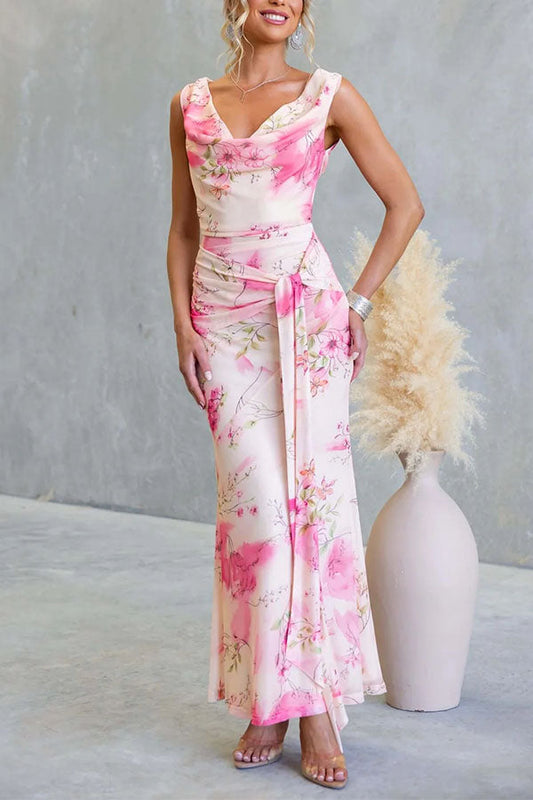 Floral Dreamy Draped Neck Mesh Wrap Dress