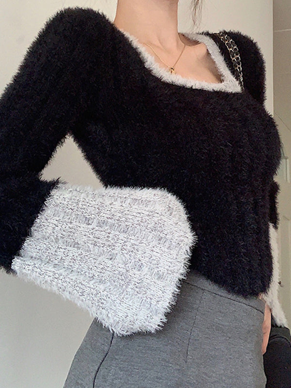 Contrast Color Splice Trumpet Sleeve Slim Sweater