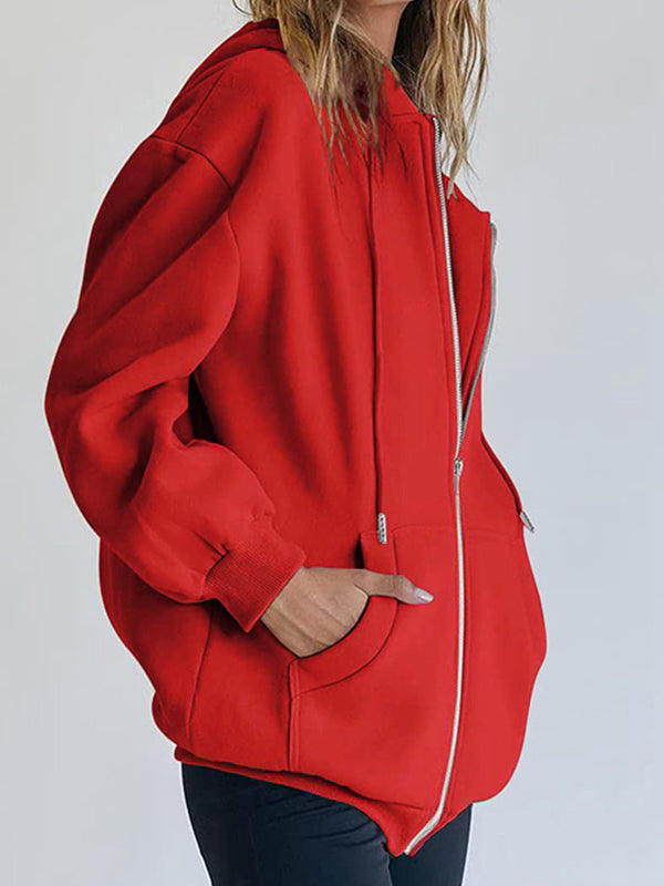 Solid Drawstring Zip Up Oversized Hoodie