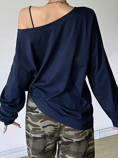 Vintage Blue Street Fashion Slope Neck Print Sweatshirts