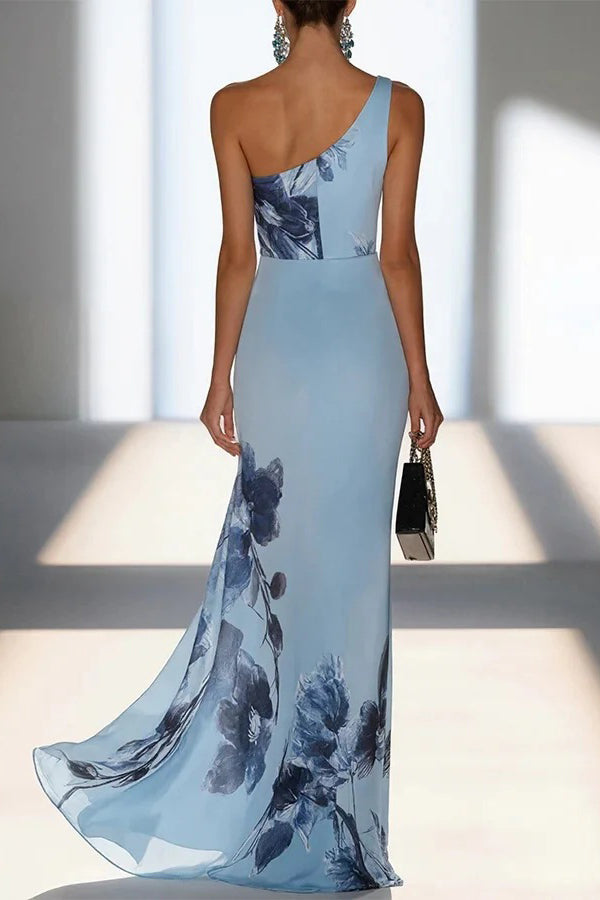 Floral Print One-shoulder Sleeveless Elegant Slim-fit Maxi Dress