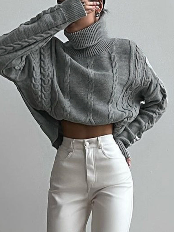 Solid Cable Knit High Neck Sweater