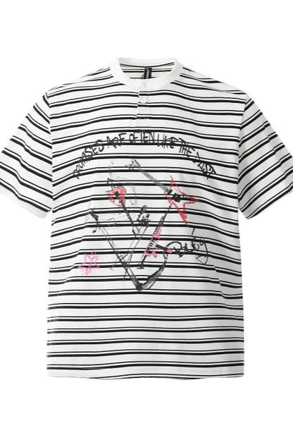 Grunge Music Graphic Striped Short Sleeve T-shirt