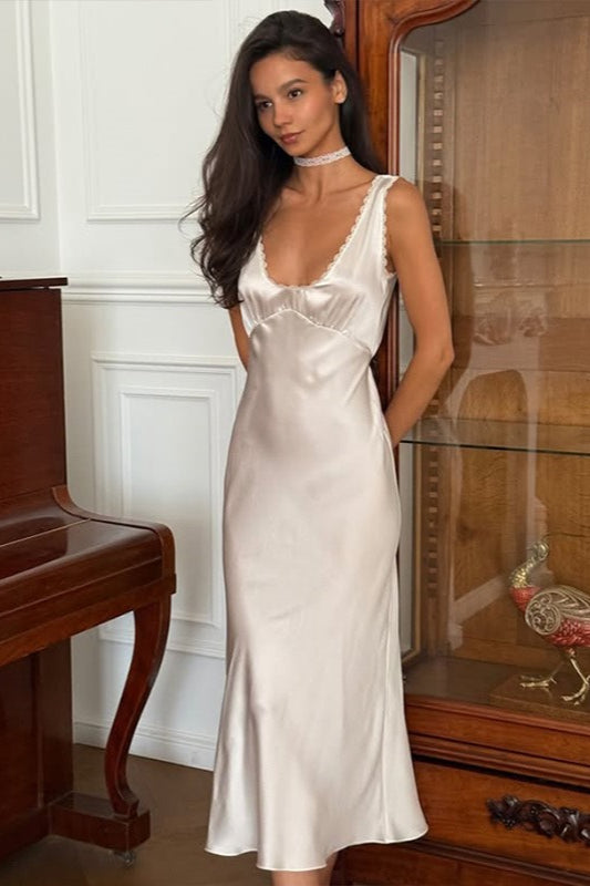 V-Neck Backless Satin Lace Trim Silk Dress