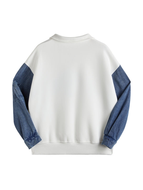 Denim Splice Letter Print Lapel Neck Oversized Hoodie