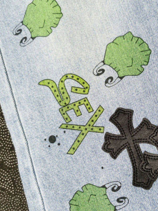 Hand Drawn Graffiti Leather Cross Boyfriend Jeans