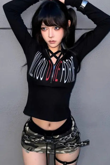 Gothic Graphic Hooded Long Sleeve  Crop Top