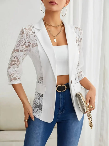 Women's Elegant White Lace Blazer with Notched Lapel | Ideal for All Seasons