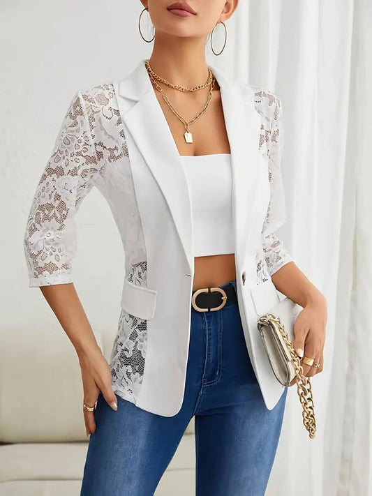 Women's Elegant White Lace Blazer with Notched Lapel | Ideal for All Seasons