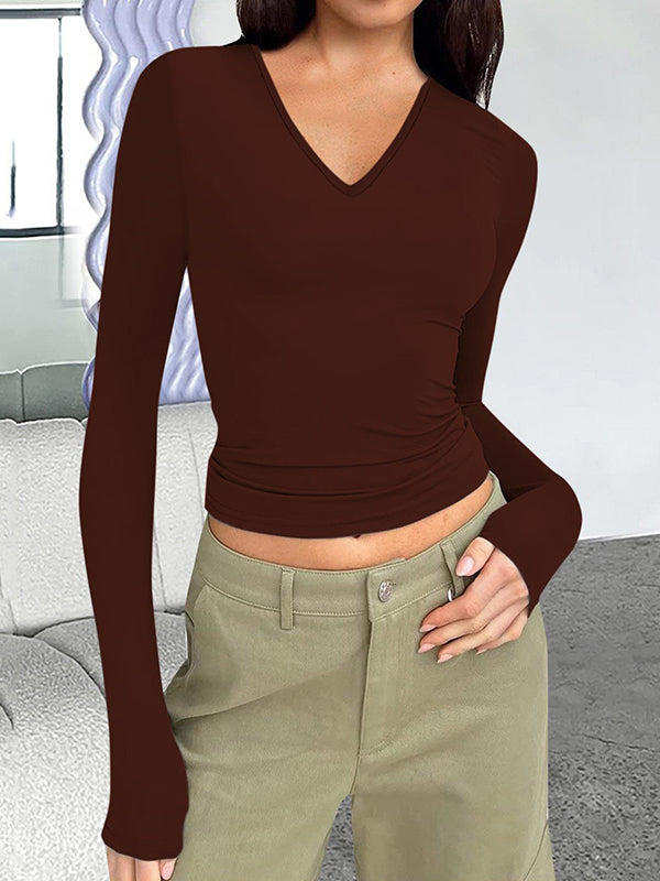 Solid V Neck Slim Long Sleeve Tee