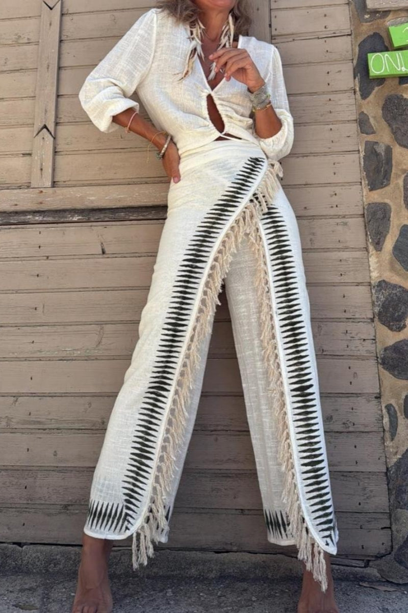 Conjunto de pantalón con flecos negros en contraste Elar