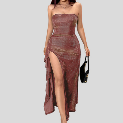 Glitter high slit ruffle tube maxi dress  | Festival Outfits Women