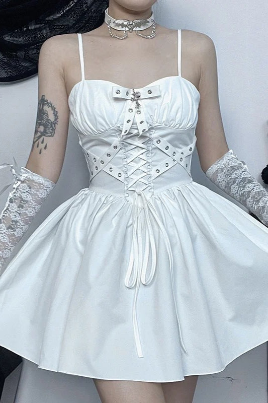 Black White Backless Lace-up Sleeveless Bandage Mini Dress