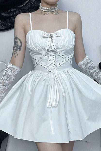 Black White Backless Lace-up Sleeveless Bandage Mini Dress