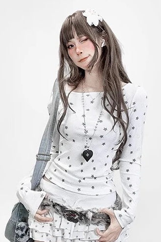 Y2k Star Angel Wing Embroidery Fitted Long-sleeve Knit Top