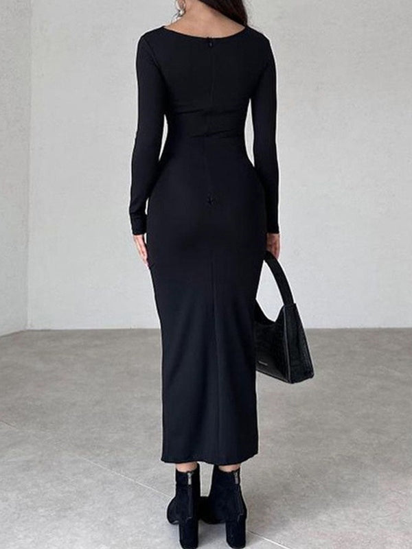 Solid Ruched Long Sleeve Maxi Dress