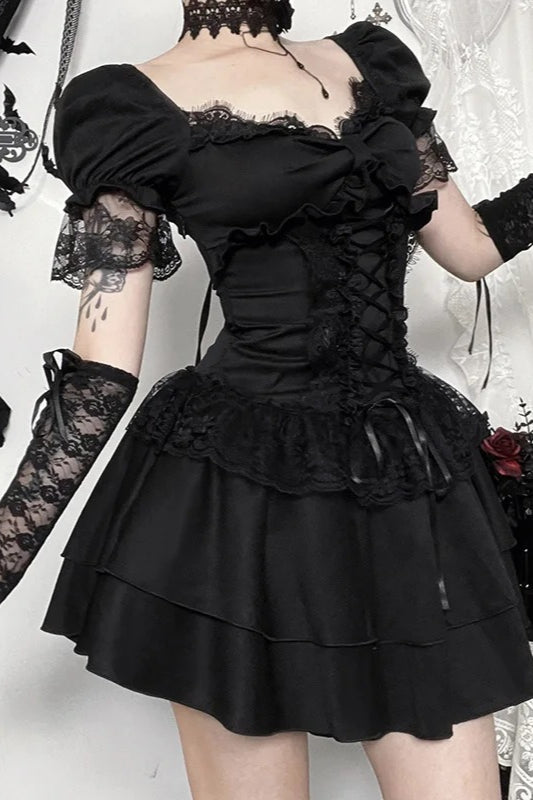 Dark Gothic Lace Trim Puff Sleeve Square Neck A-line Mini Dress