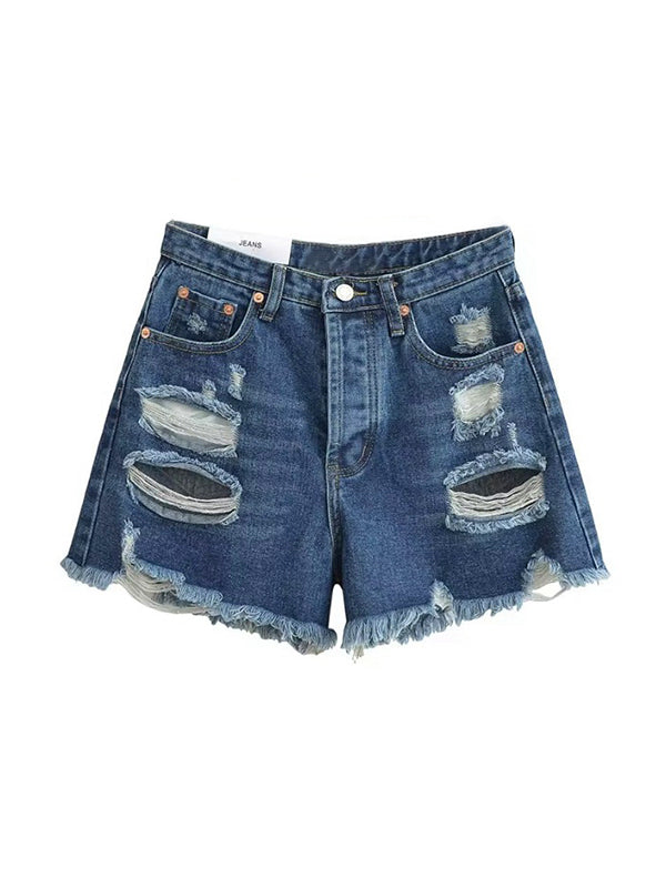 High Waist Ripped Burr Denim Shorts