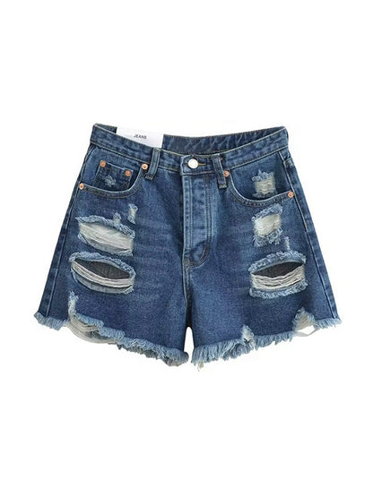 High Waist Ripped Burr Denim Shorts