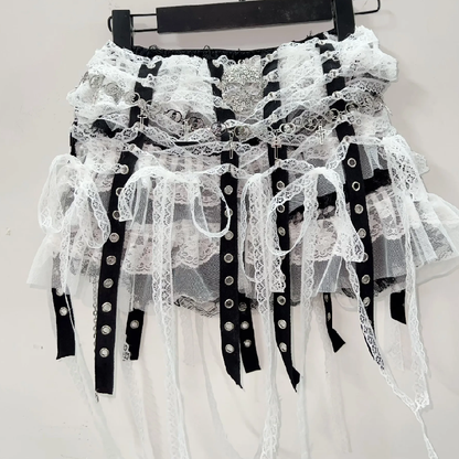Lace tassels skull applique mini skirt  | Festival Outfits Women