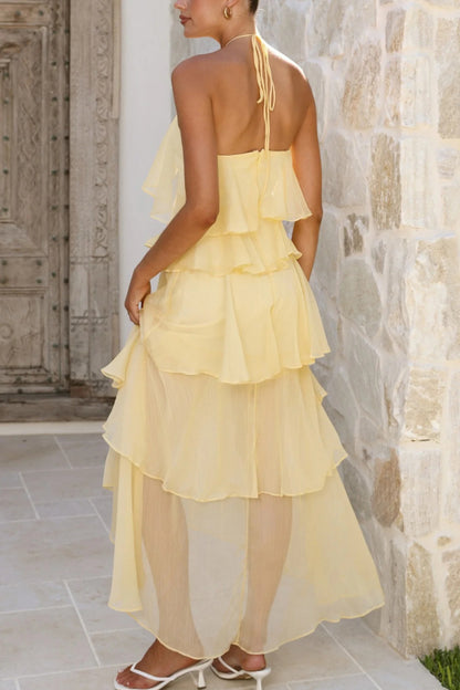 Solid Color Chiffon Halter Neck Elegant Ruffle Maxi Dress