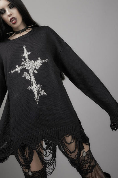 Knit Cross Cutout Distressed Long Sleeve Sweater