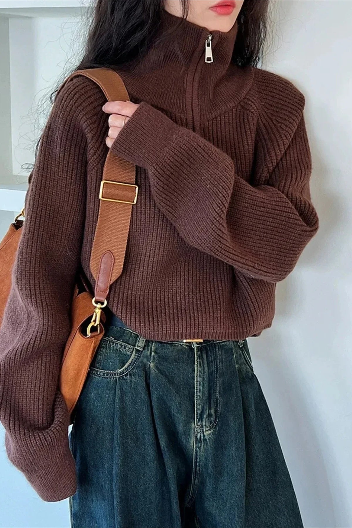 Half Zip Knit Turtleneck Sweater