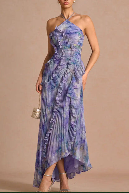 Dream Ode Lily Pad Style Pleats and Ruffles Halter Gown Maxi Dress
