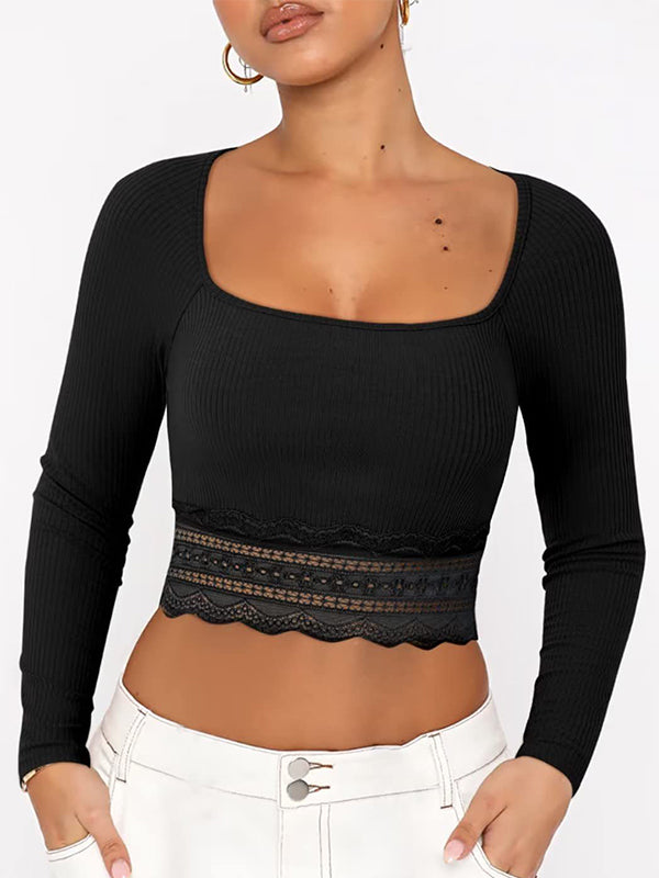 Solid Color Lace Hem Square Neck Crop Long Sleeve Knit