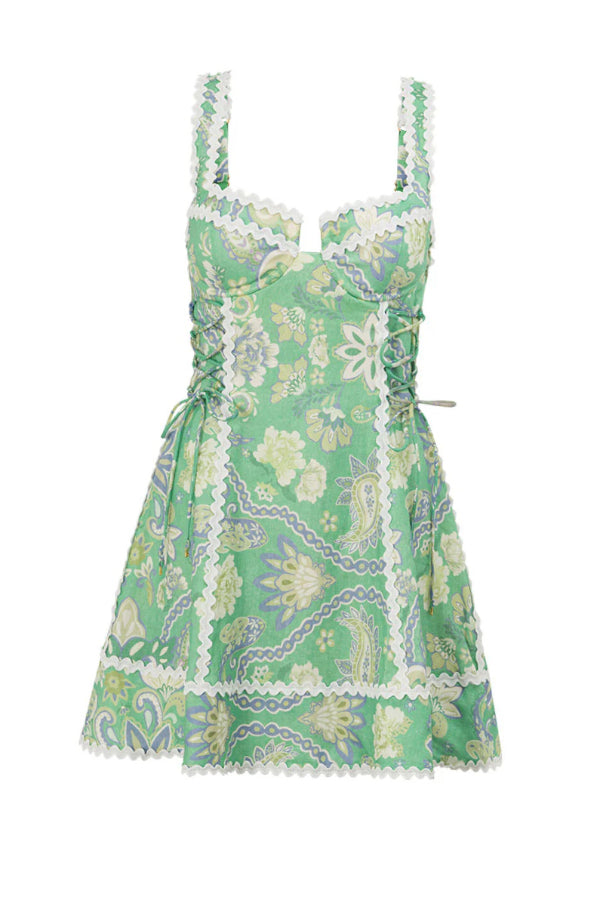 Unique Printed Serrated Trim Suspender Side Tie Vacation Mini Dress