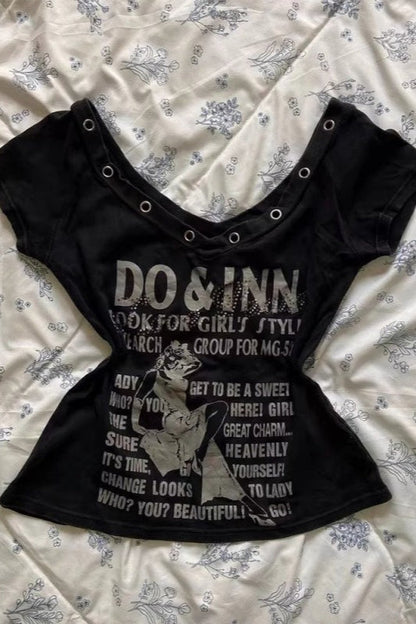 Trendy Y2K Letter Print V-neck Fitted T-shirt