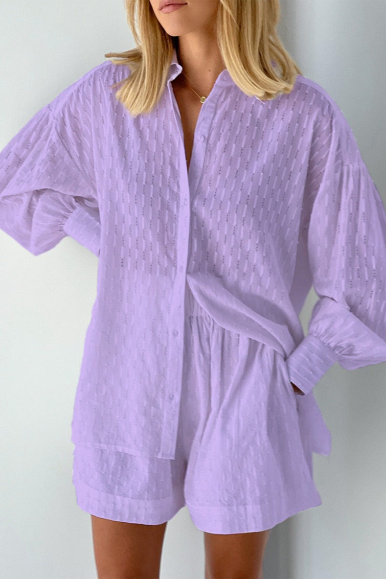 Textured Bubble Sleeve Blouse Casual Shorts Set