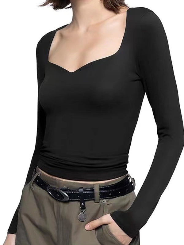 Solid Sweetheart Neck Slim Long Sleeve Tee
