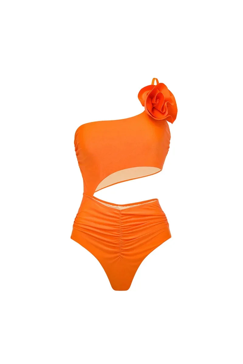3D Floral Glossy Solid Swimsuit Set