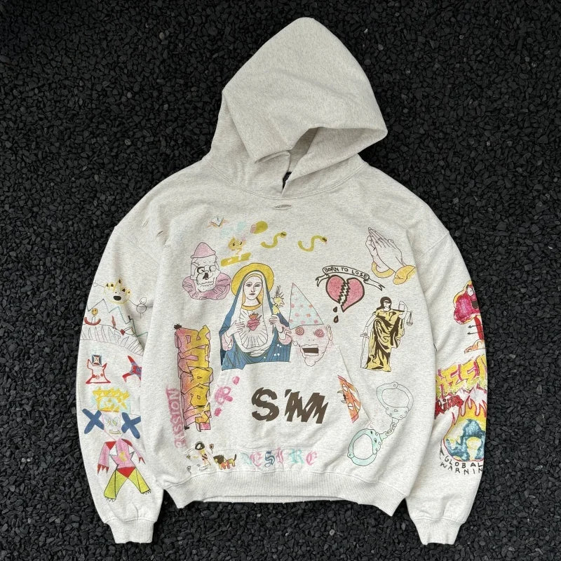 Graffiti Print Distressed Pullover Hoodie
