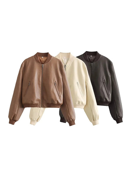 Loose long sleeve vintage leather jacket
