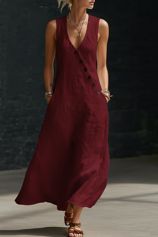 Linen Blend Solid Color V-neck Sleeveless Button-down Casual Pocket Midi Dress