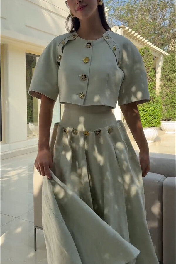 Custom Look Linen Blend Unique Metal Pattern Buttons Lace-up Waist Crisp Hem Maxi Skirt
