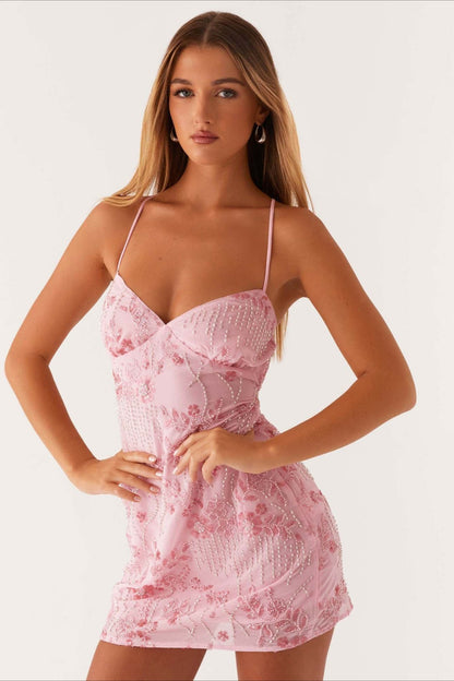 Colorful Beaded Back Tie Cocktail Dress