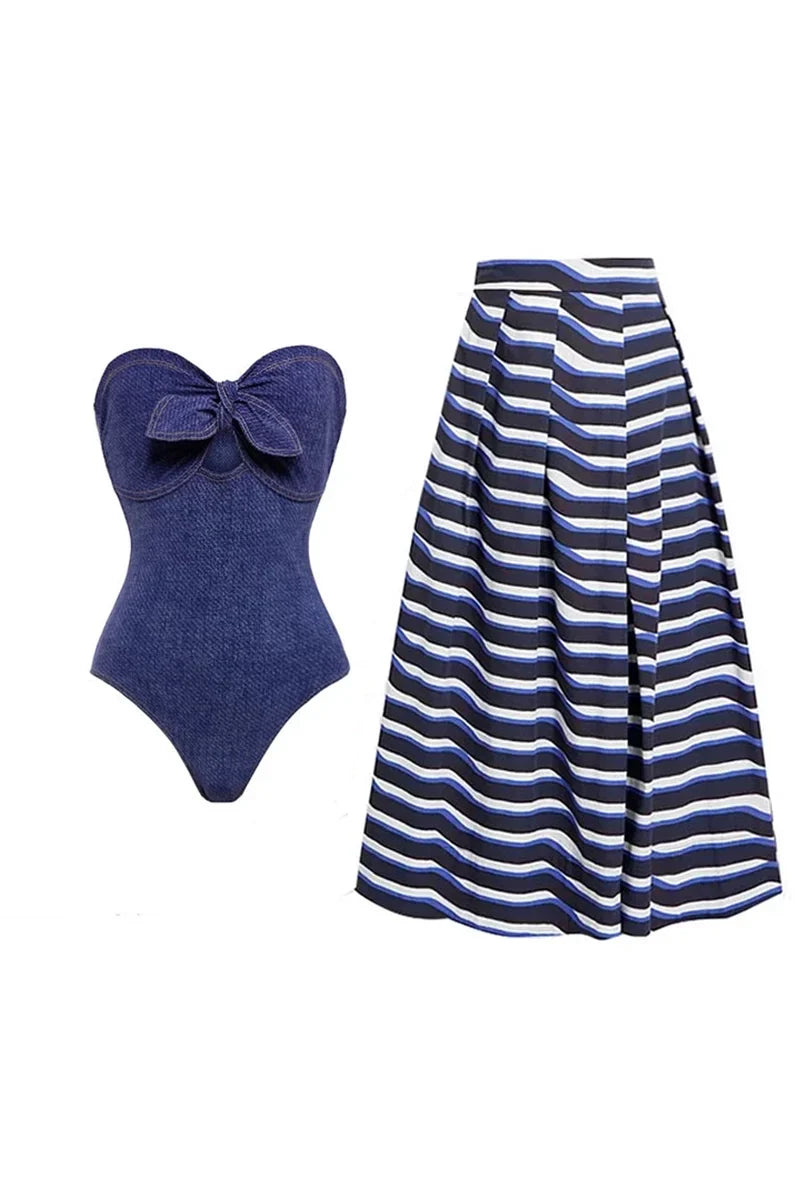 Conjunto de traje de baño de una pieza con bandeau de mezclilla