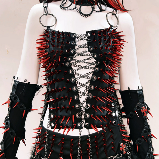 Metal chain lace up rivet applique zip-up top  | Festival Outfits Women