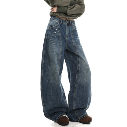 Rivet applique irregular pocket wide leg | Baggy Low Rise Jeans  | Festival Outfits Women