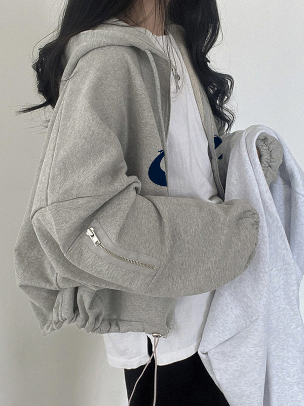 Star Print Zipper Drawstring Hem Oversized Hoodie