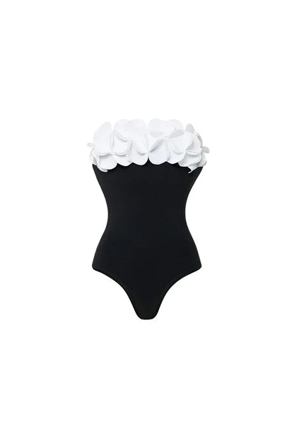 3D Floral Strapless Black Swimsuit