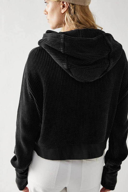 Quilted Panel Zip Up Cropped Hoodie