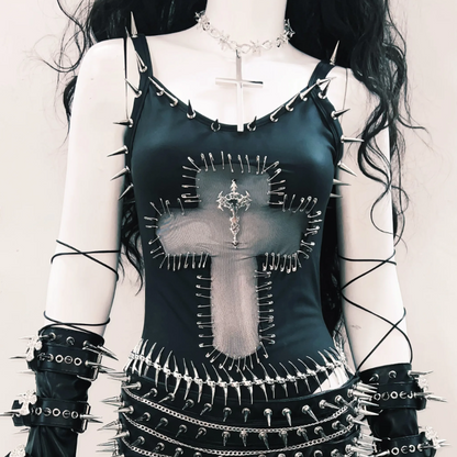 Mesh u neck rivet applique cami bodysuit  | Festival Outfits Women