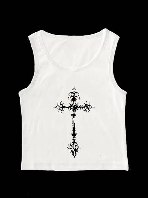 Gothic Cross Print Lace Trim Crop Top