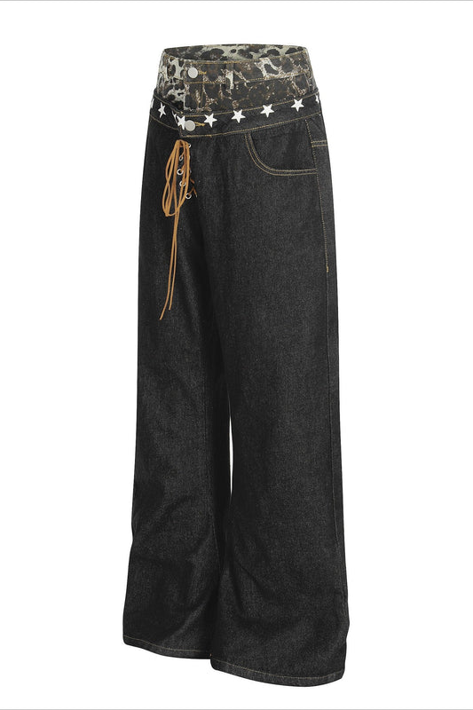 Double Waistband Tie Curved Blade Baggy Stacked Pants