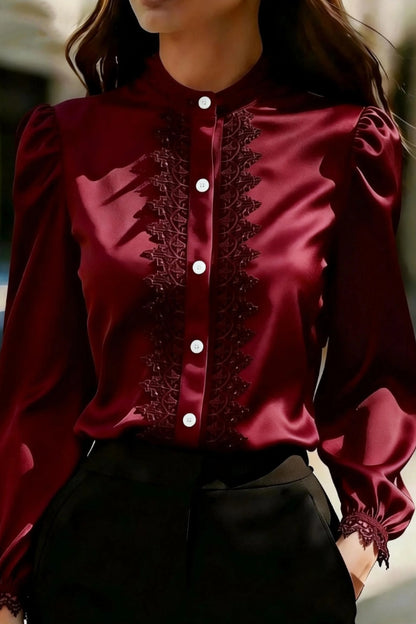 Solid Color Satin Lace Patchwork Casual Long-sleeved Shirt