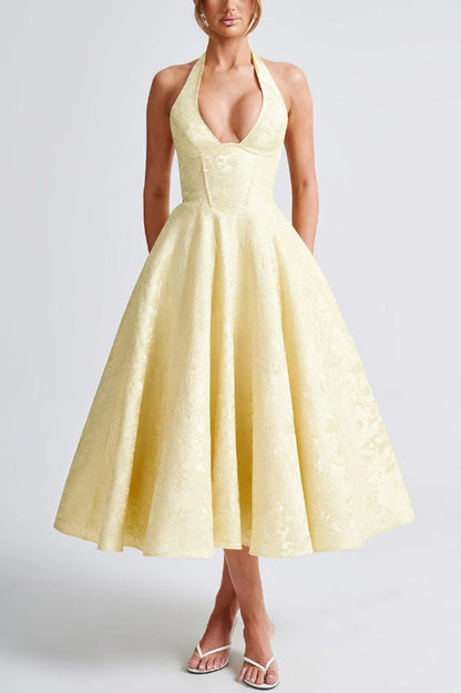 Stylish Jacquard Halter Neck Fitted Waist Open Back Elegant Midi Dress